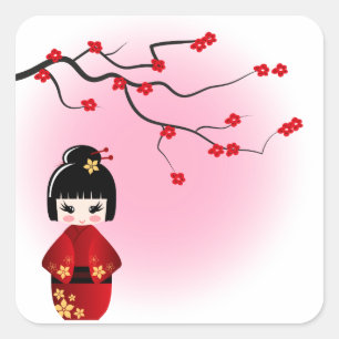 Japanese kokeshi doll at sakura blossoms square sticker