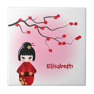 Japanese kokeshi doll at sakura blossoms tile
