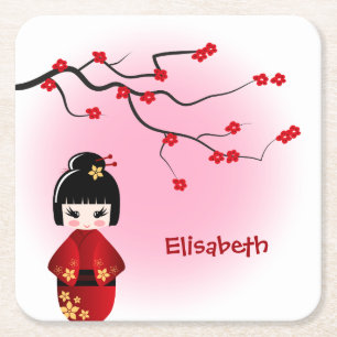Japanese kokeshi doll at sakura girl name square paper coaster