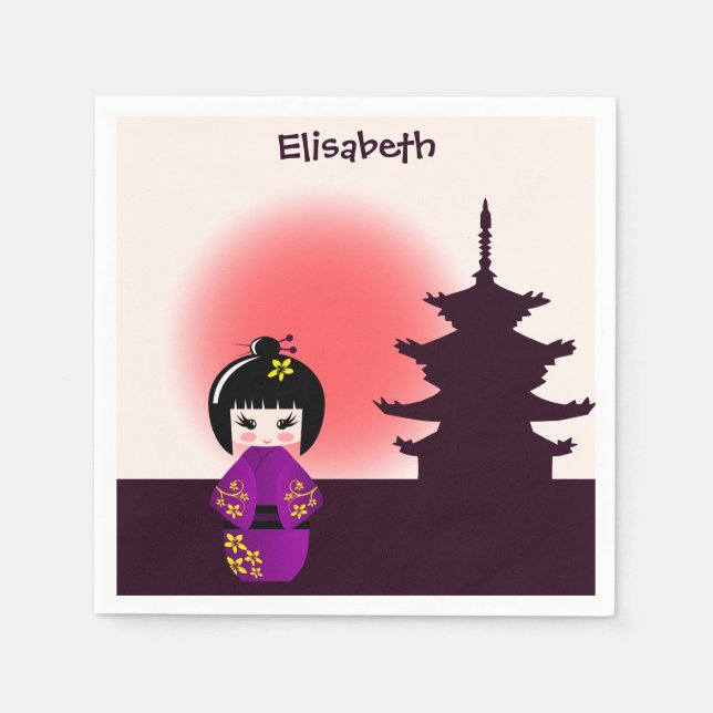 Japanese kokeshi doll at temple during sunset girl napkin (Front)