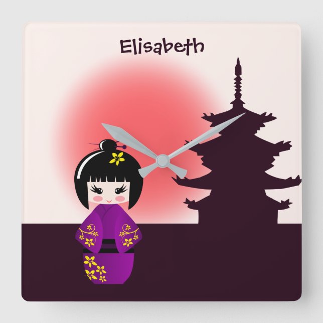 Japanese kokeshi doll at temple during sunset square wall clock (Front)