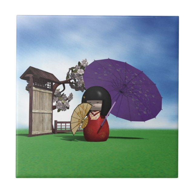 Japanese Kokeshi Doll Cherry Blossom Art Ceramic Tile (Front)