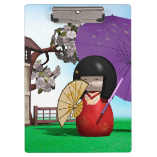 Japanese Kokeshi Doll Cherry Blossom Art Clipboard