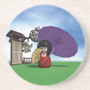 Japanese Kokeshi Doll Cherry Blossom Art Coaster