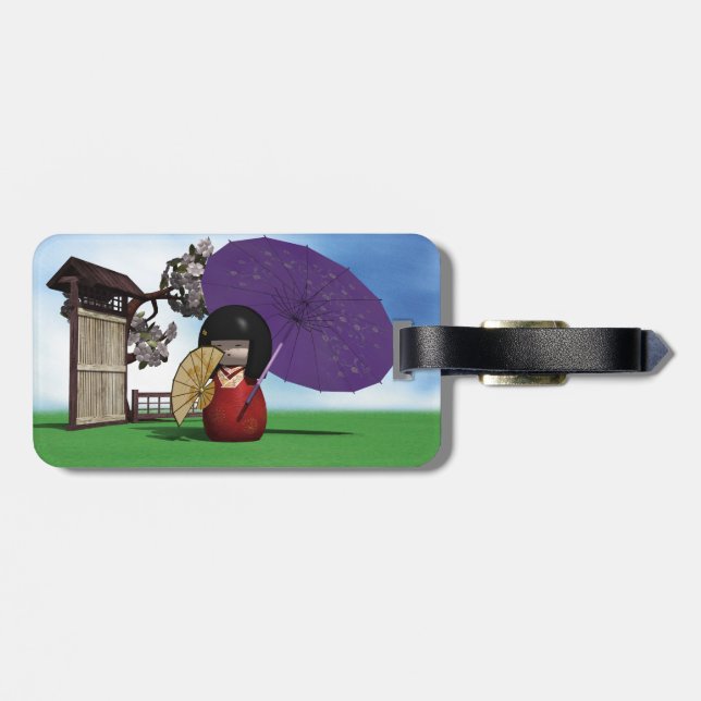Japanese Kokeshi Doll Cherry Blossom Art Luggage Tag (Back Horizontal)