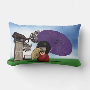 Japanese Kokeshi Doll Cherry Blossom Art Lumbar Cushion
