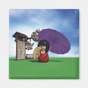 Japanese Kokeshi Doll Cherry Blossom Art Magnet