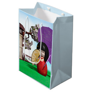 Japanese Kokeshi Doll Cherry Blossom Art Medium Gift Bag