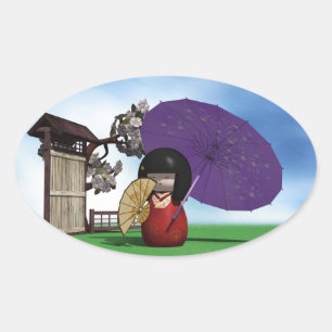 Japanese Kokeshi Doll Cherry Blossom Art Oval Sticker
