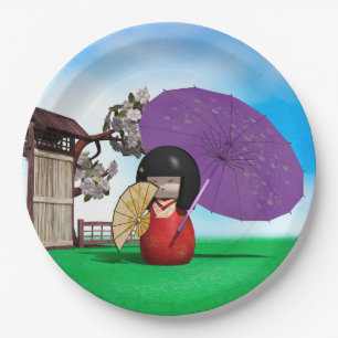 Japanese Kokeshi Doll Cherry Blossom Art Paper Plate