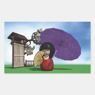 Japanese Kokeshi Doll Cherry Blossom Art Rectangular Sticker
