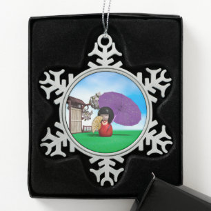 Japanese Kokeshi Doll Cherry Blossom Art Snowflake Pewter Christmas Ornament