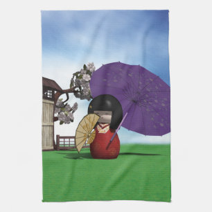 Japanese Kokeshi Doll Cherry Blossom Art Tea Towel