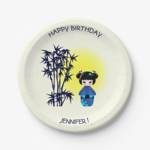 Japanese kokeshi doll during sunrise name girl paper plate