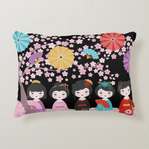 Japanese Kokeshi Dolls Black Decorative Cushion