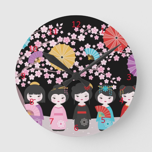 Japanese Kokeshi Dolls Black Round Clock (Front)