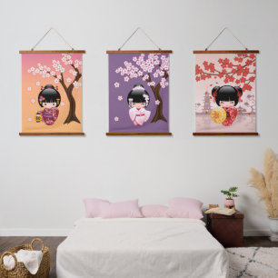 Japanese Kokeshi Dolls - Geisha Girls Set of 3 Hanging Tapestry