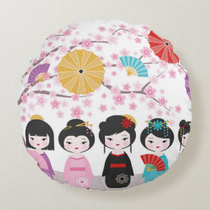 Japanese Kokeshi Dolls Round Cushion