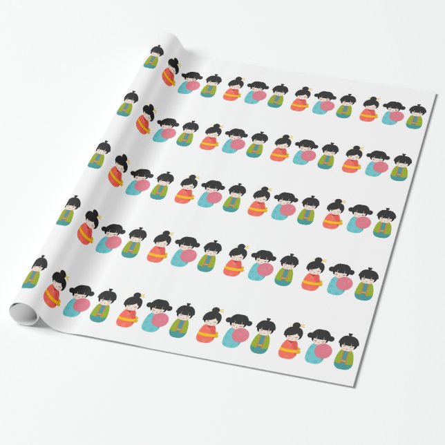 Japanese Kokeshi Dolls Wrapping Paper (Unrolled)