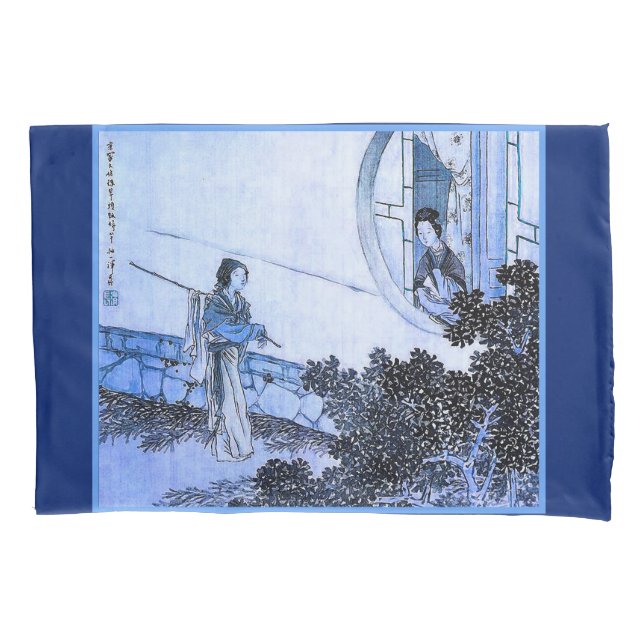 Japanese lady in kimono at moongate window pillowcase (Front)