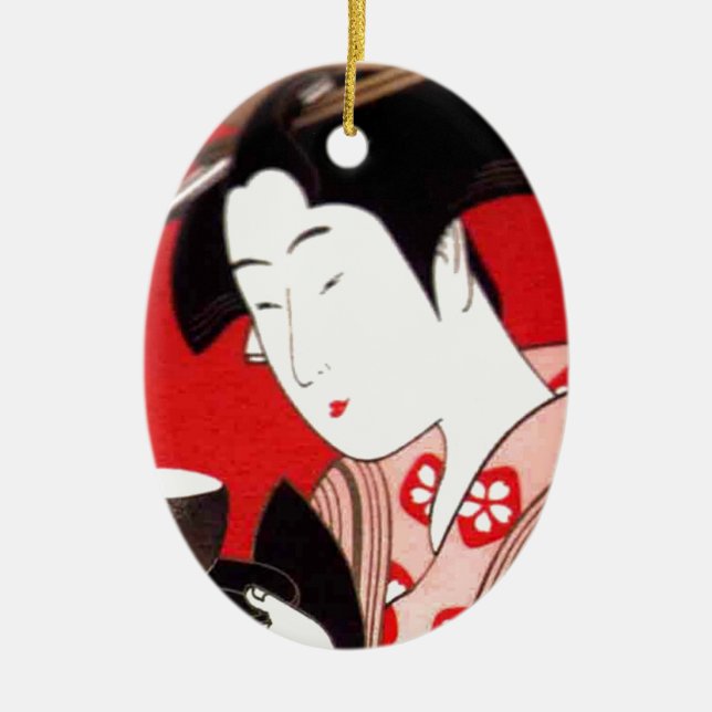 Japanese Lady Tea Serving Ceremony Art Print Ceramic Tree Decoration (Front)