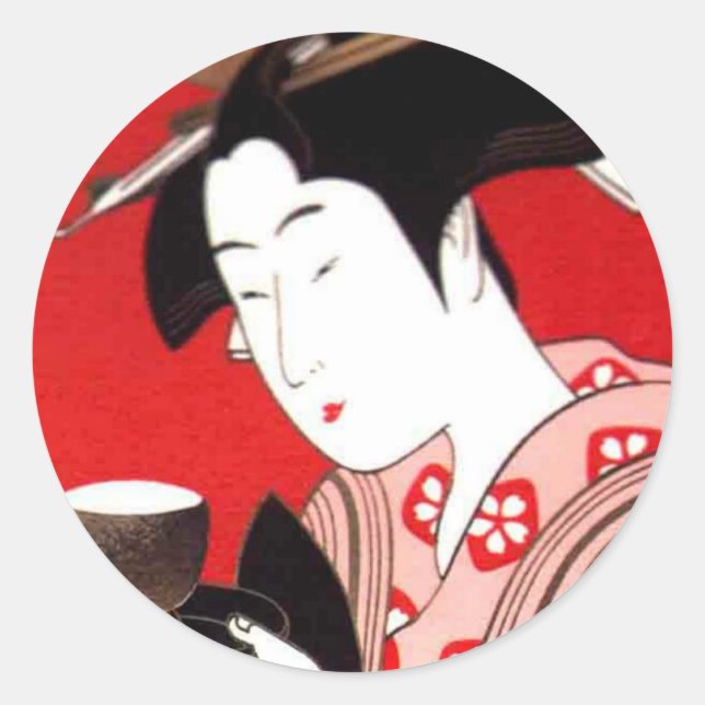 Japanese Lady Tea Serving Ceremony Art Print Classic Round Sticker (Front)