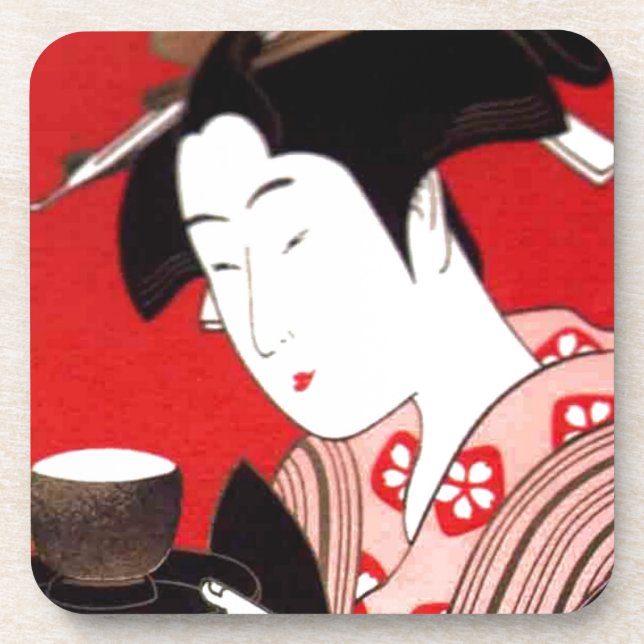 Japanese Lady Tea Serving Ceremony Art Print Coaster (Front)