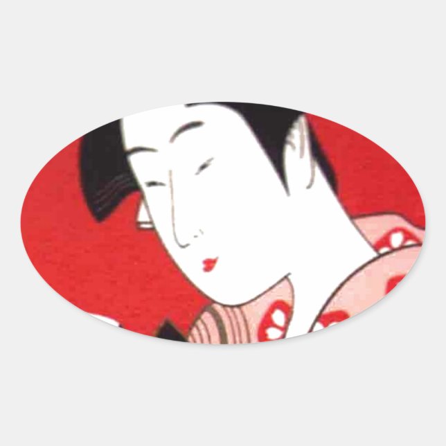 Japanese Lady Tea Serving Ceremony Art Print Oval Sticker (Front)