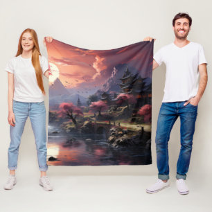 Japanese Landscape Art Fleece Blanket