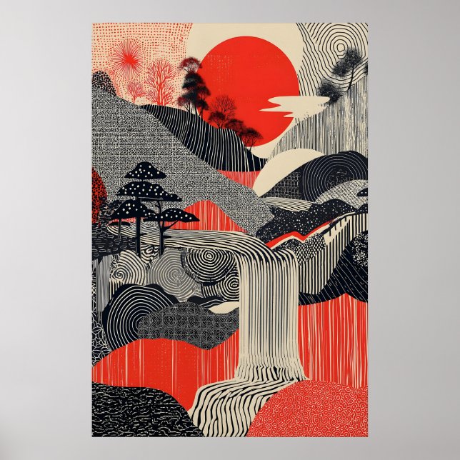 Japanese Landscape Art Print Red Sun Waterfall (Front)
