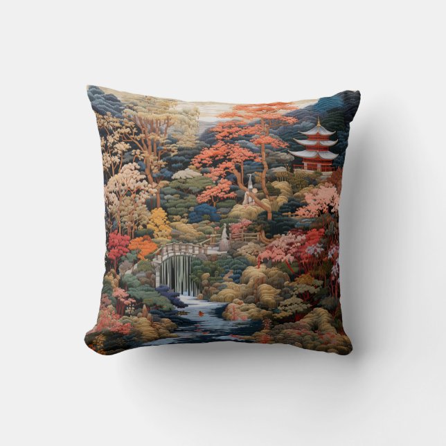 Japanese Landscape Art: Waterfall and Village Cushion (Front)