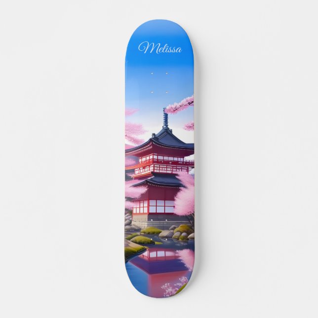 Japanese Landscape Cherry Blossoms And Temple Skateboard (Front)