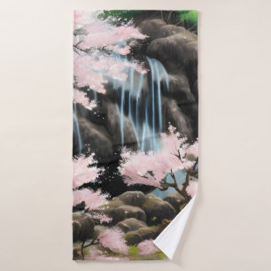 Japanese Landscape Cherry Blossoms And Waterfall Bath Towel
