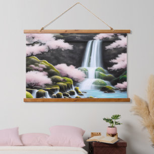 Japanese Landscape Cherry Blossoms And Waterfall Hanging Tapestry