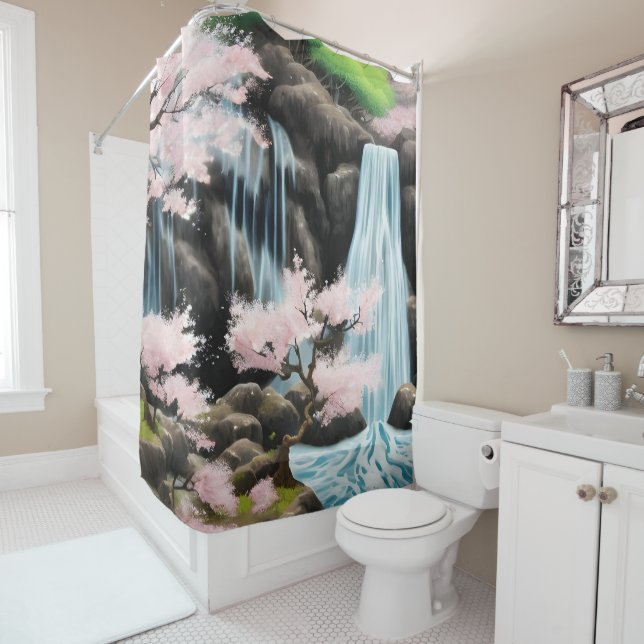 Japanese Landscape Cherry Blossoms And Waterfall Shower Curtain (In Situ)