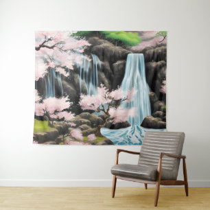 Japanese Landscape Cherry Blossoms And Waterfall Tapestry