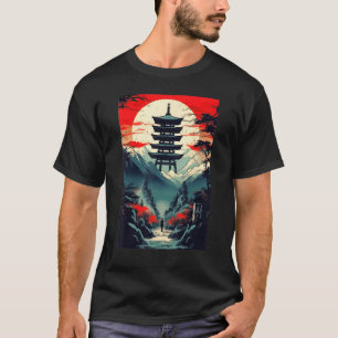 Japanese Landscape Mountains Valley Tower Sunset T-Shirt