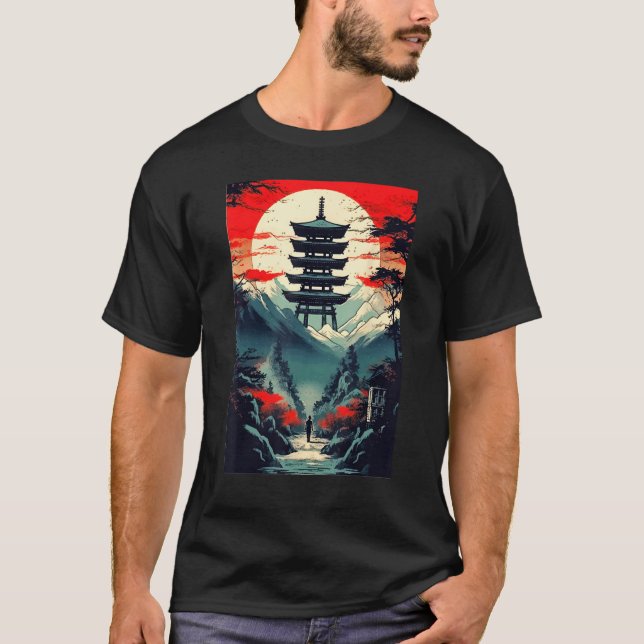 Japanese Landscape Mountains Valley Tower Sunset T-Shirt (Front)