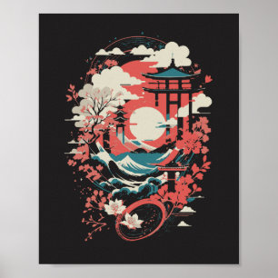 Japanese Landscape Red Sun Pagoda & Waves Graphic Poster