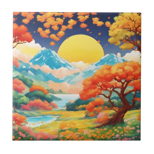 Japanese landscape with mountains ceramic tile (Front)