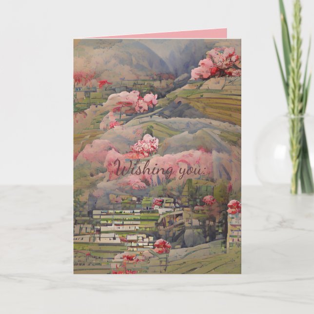 Japanese landscape with pink flowers custom text card (Front)
