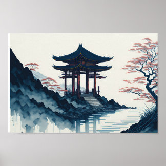 Japanese landscape wth pagoda poster