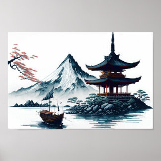 Japanese landscape wth pagoda poster