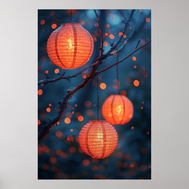  Japanese Lanterns at Night – Warm Watercolor Art Poster (Front)