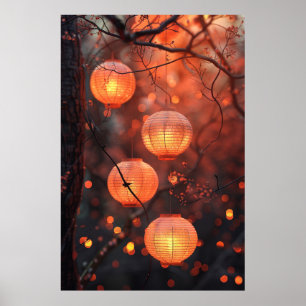 Japanese Lanterns at Night – Warm Watercolor Art Poster