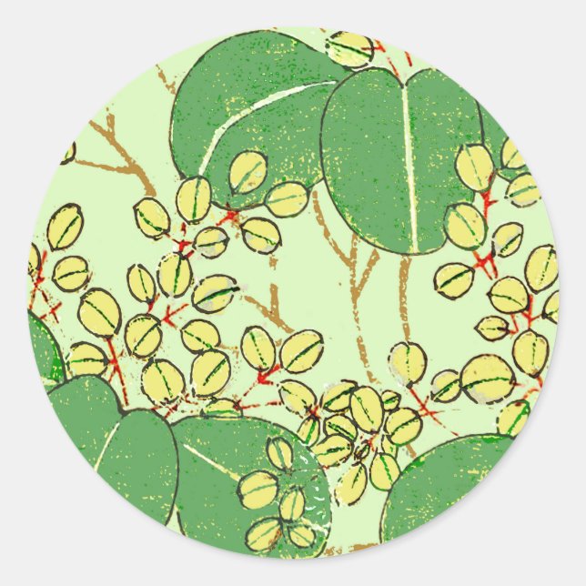 Japanese Leaf Floral Botanical Art Pattern Classic Round Sticker (Front)