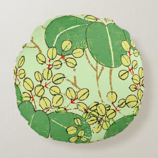 Japanese Leaf Floral Botanical Art Pattern Round Cushion (Front)