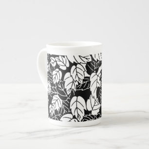 Japanese Leaf Print, Black and White Bone China Mug