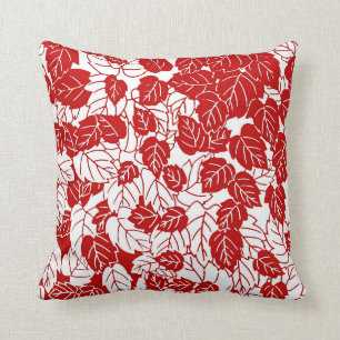 Japanese Leaf Print, Dark Red and White Cushion