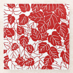 Japanese Leaf Print, Dark Red and White Glass Coaster